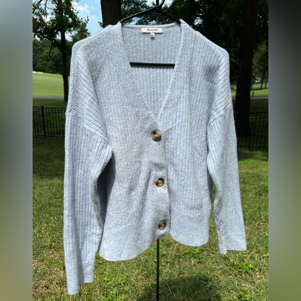 Madewell Cropped V-Neck Cardigan, Heather Serene Blue, Sz S - Picture 2 of 8